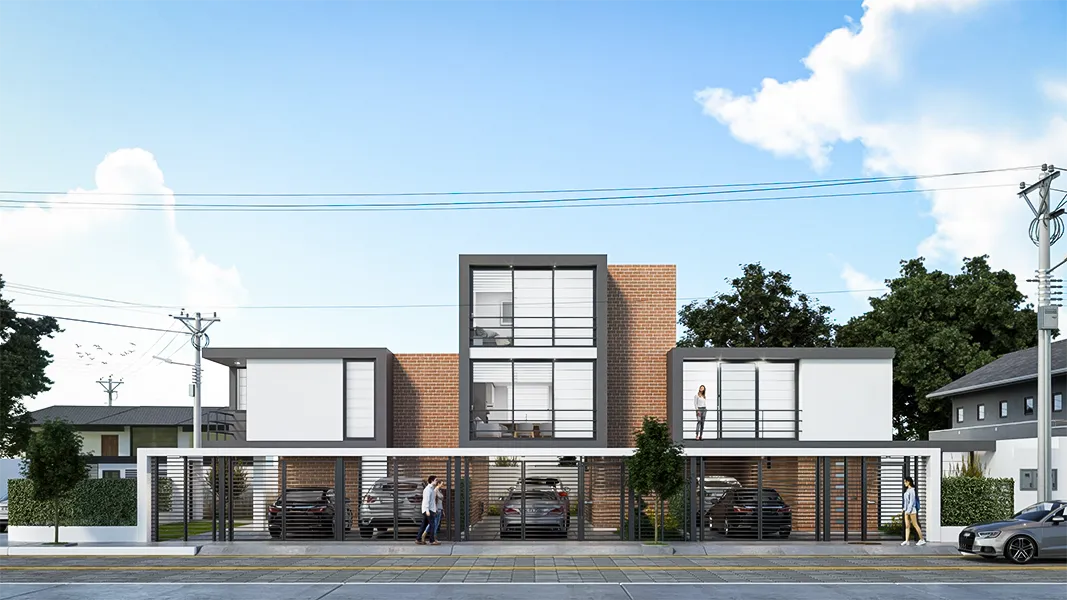 Render Exterior de Fachada Conjunto de Casas
