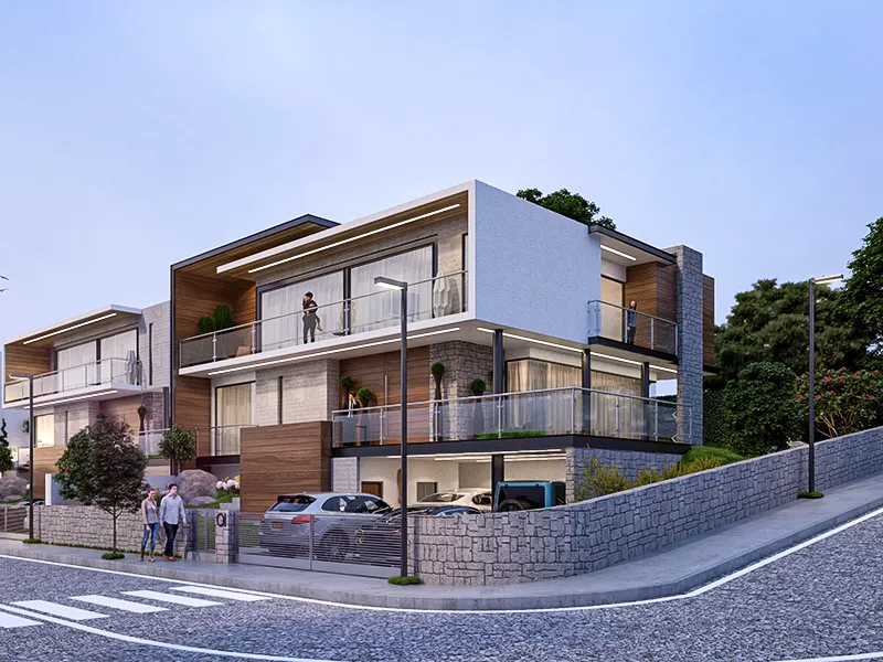 Render Exterior de Fachada de Casas